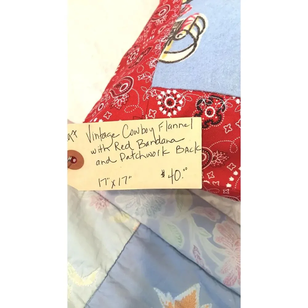 Vintage Cowboy Pillow Sham, Red Bandana Border, Upcycled Flannel